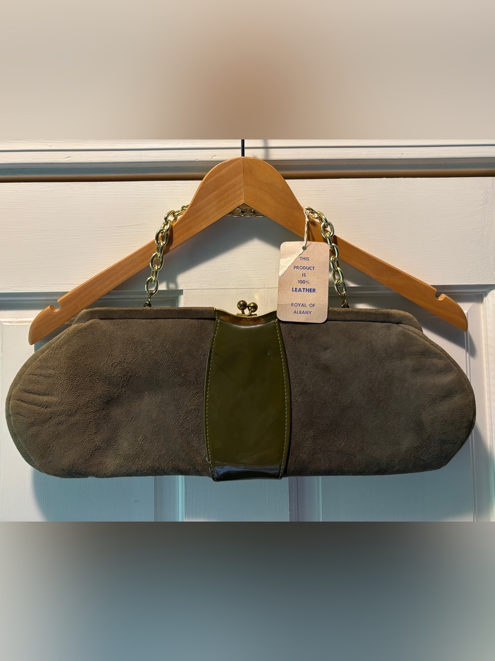 1960s Authentic Vintage Olive Suede and Patent Leather Chain Clutch
